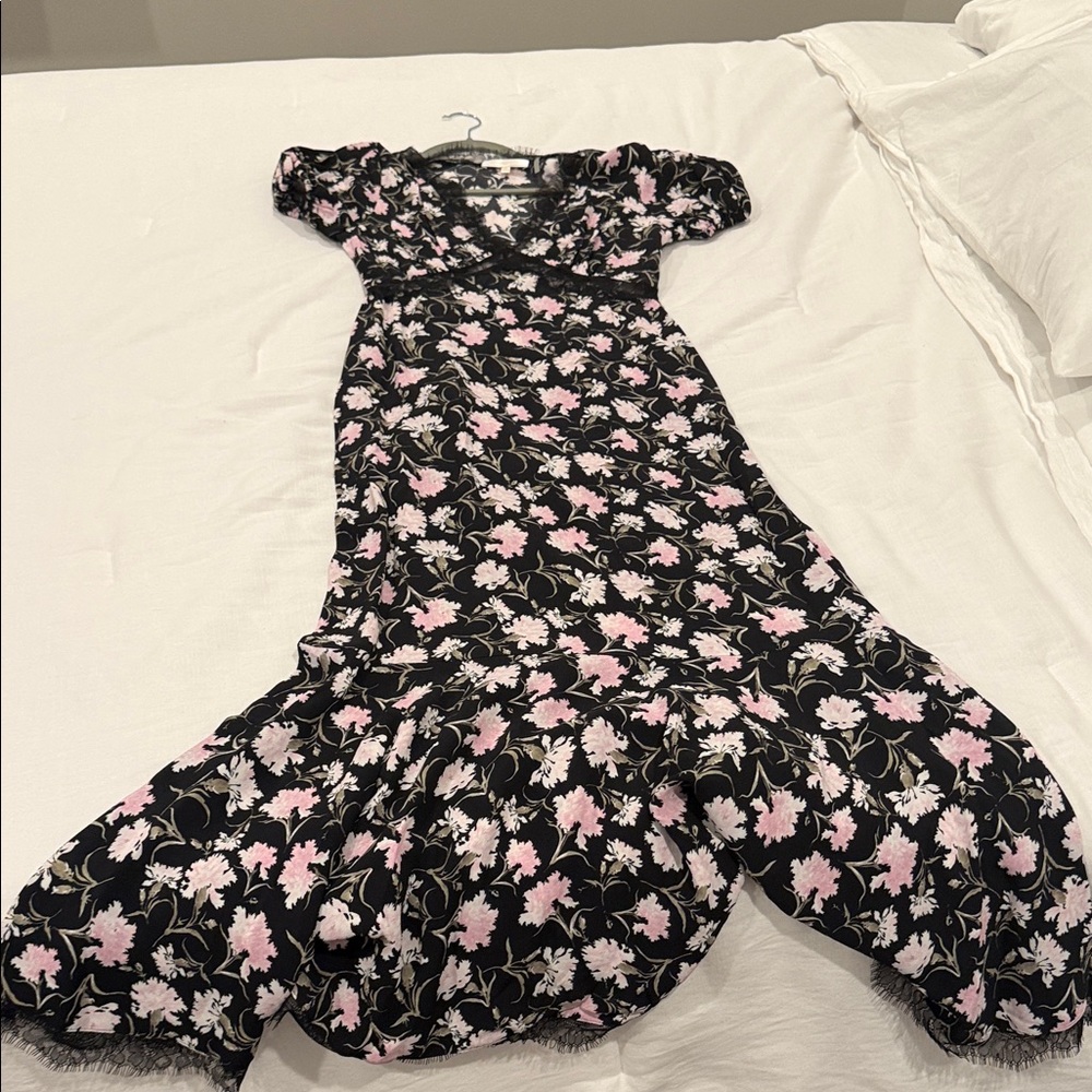 LoveShackFancy Aurelle Black Midi Dress with Pink Floral Design